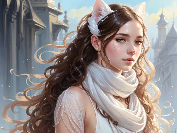 portrait of a girl wearing white scarf, long curly hair, twist braid, watery eyes, cat ears, fantasy, intricate, elegant, highly detailed, digital painting, artstation, concept art, smooth, sharp focus, illustration, art by artgerm and greg rutkowski and alphonse mucha