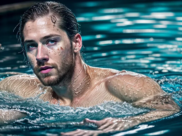 hyper-realistic mixed media painting of a man swimming in the dead of night, dim volumetric lighting, 8k octane beautifully detailed render, post-processing, portrait, extremely hyper-detailed, intricate, epic composition, cinematic lighting, masterpiece, stunning art