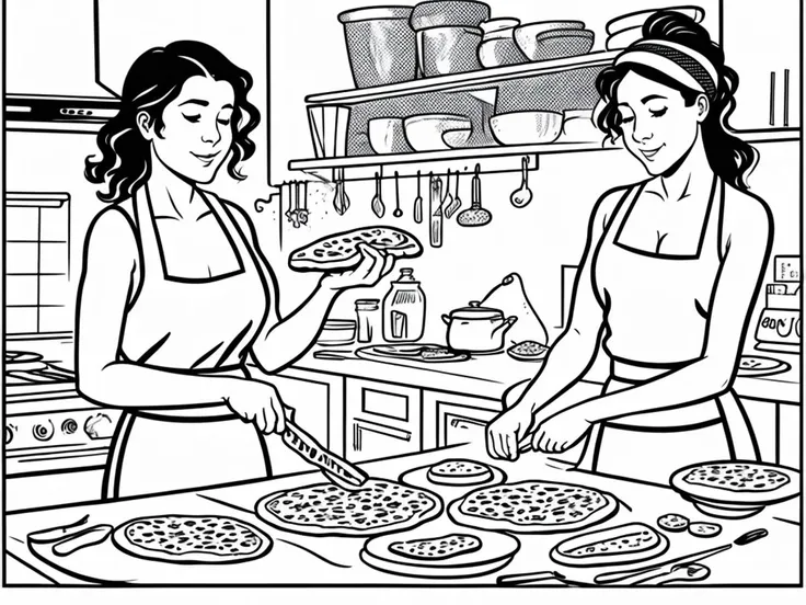 line art, woman cooking pizza