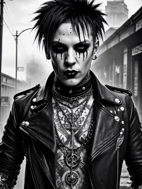 stunning 30 year old gothic punk rock man, high detail, grunge, dark, gritty, realistic, sharp details, subsurface scattering, raytracing, dreamy, magical, mystifying, obscure, surreality, 4k, ultrarealistic, cinematic