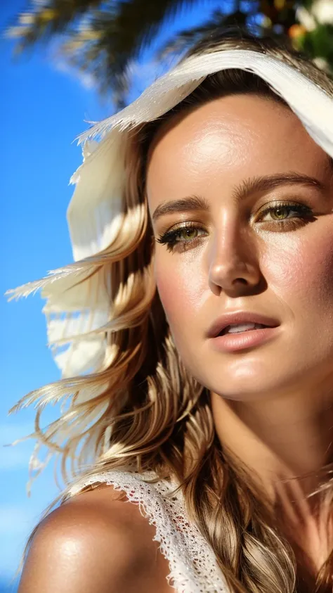analog style, (((skin details, high detailed skin texture))), ((photorealistic), film grain), 8k hdr, ultra realistic, film photography, dslr, Movie poster , tropical island, romantic, (Blonde women), (detailed skin,detailed eyes:1.3), beach Palm trees, masterpiece, intense , ambient light, Vivid color of field, High contrast, hyper realism, intricate detailed photorealistic, portrait photograph, trending, award winning photography, vivid colors, ultrahd, hdr shot, dramatic composition, vibrant colors, sharp details, <lora:brieLarson_v10:1>