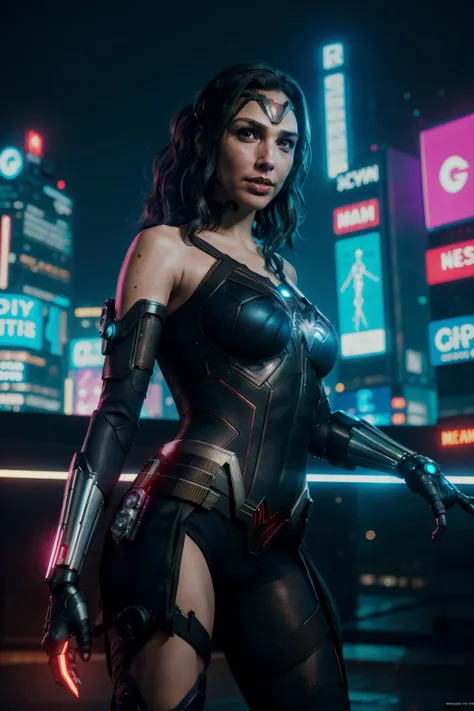 Photo-realistic,Realistic illustration in Manga style,((Masterpiece)),((Best quality)),((Ultra-detailed)),((1girl)),((solo)),((Waifu:1.5)),Perfect Anatomy,Cute_face,Waifu Renrize as Tifa Lockhart final fantasy 7 remake,in cosplay of Wonderwoman and ironman Mark-85,Angel golden Armor with crystal wings,wet clothes,Miniskirt,black socks,light-Red_eyes,wavy hair,eyeliner,cute Makeup,((Perfect detailed eyes)),cyberpunk city,rain outside,nighttime,((Extremely CG unity 8k wallpaper)),intricate details,extremely beautiful and aesthetic,Octane rendering,full body portrait,wet skin,((perfect detailed body)),