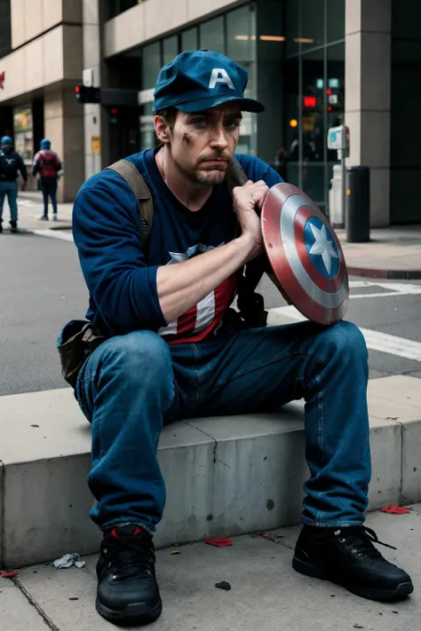 Captain America as homeless and sitting on the streetside with dirty clothes and holding a cap full-body, cinematic filter.