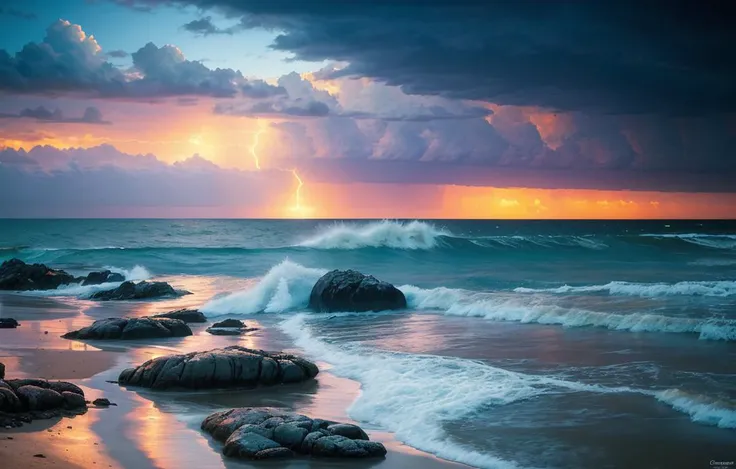 Florida Sarasota, beach sunset, golden ratio, golden hour, magic hour, sun, full blood moon, thunder and lighting, amazing, insane perfection, raytraced, HDR, 4k, Wide angle, dramatic, vivid, dying of the light, god ray, reflections, amazing beauty thunderstorms, by Gregory Crewdson, Edward Burtynsky, Michael Kenna, Joe Cornish, David Burdeny, Ray Collins, Michael Levin, David M. Stephens, David T. Hanson, David Salafia, and David H. Wells.