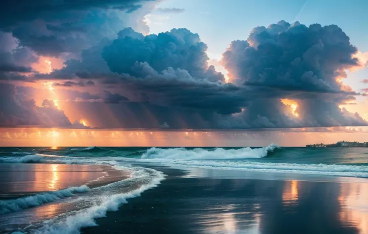 Florida Sarasota, beach sunset, golden ratio, golden hour, magic hour, sun, full blood moon, thunder and lighting, amazing, insane perfection, raytraced, HDR, 4k, Wide angle, dramatic, vivid, dying of the light, god ray, reflections, amazing beauty thunderstorms, by Gregory Crewdson, Edward Burtynsky, Michael Kenna, Joe Cornish, David Burdeny, Ray Collins, Michael Levin, David M. Stephens, David T. Hanson, David Salafia, and David H. Wells.