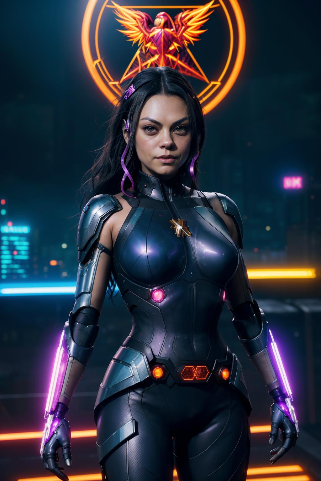 A woman in a futuristic outfit standing in front of a neon light ...