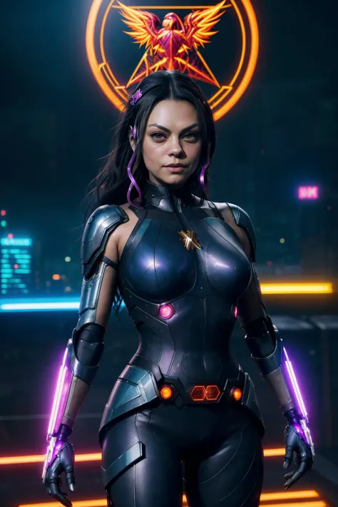 realistic (cyberpunk style), ( Mila Kunis as dark phoenix from xmen wearing shiny cyberpunk costume) with a (robot arm with cybernetic enhancements), (action pose), (ai artwork by Quiron:0.11), neon light, gazing at a distant planet smiling, night, super detailed, 8k, high quality, trending art, trending on artstation