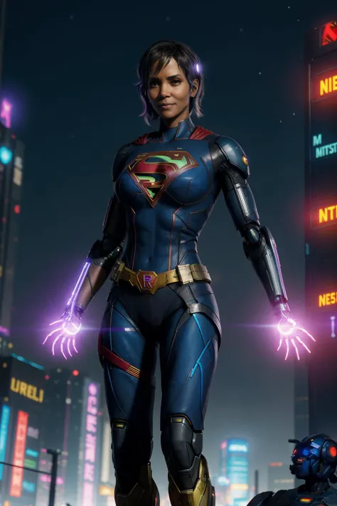 realistic (cyberpunk style),  ( Halle Berry as supergirl  wearing cyberpunk costume) with  a (robot arm with cybernetic enhancements), action pose,    (ai artwork by Quiron:0.11),  neon light, gazing at a distant planet smiling, night,  super detailed, 8k, high quality, trending art, trending on artstation