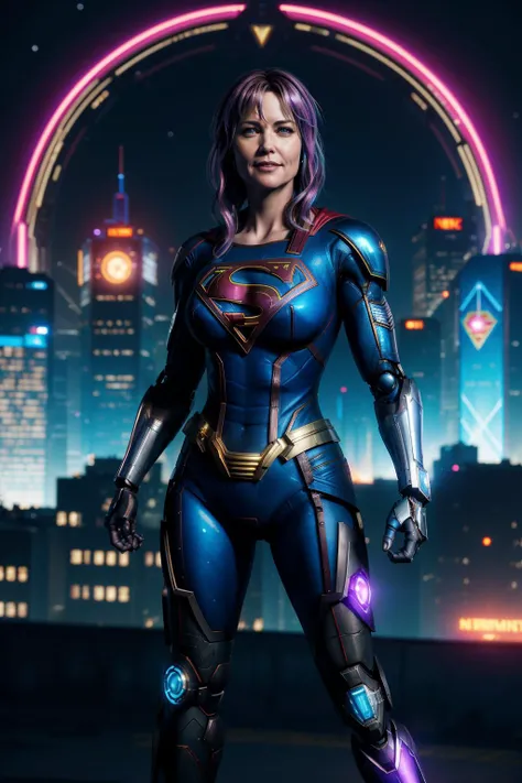 realistic (cyberpunk style),  ( lucy lawless as supergirl  wearing  shiny cyberpunk costume) with  a (robot arm with cybernetic enhancements), (action pose),   (ai artwork by Quiron:0.11),  neon light, gazing at a distant planet smiling, night,  super detailed, 8k, high quality, trending art, trending on artstation