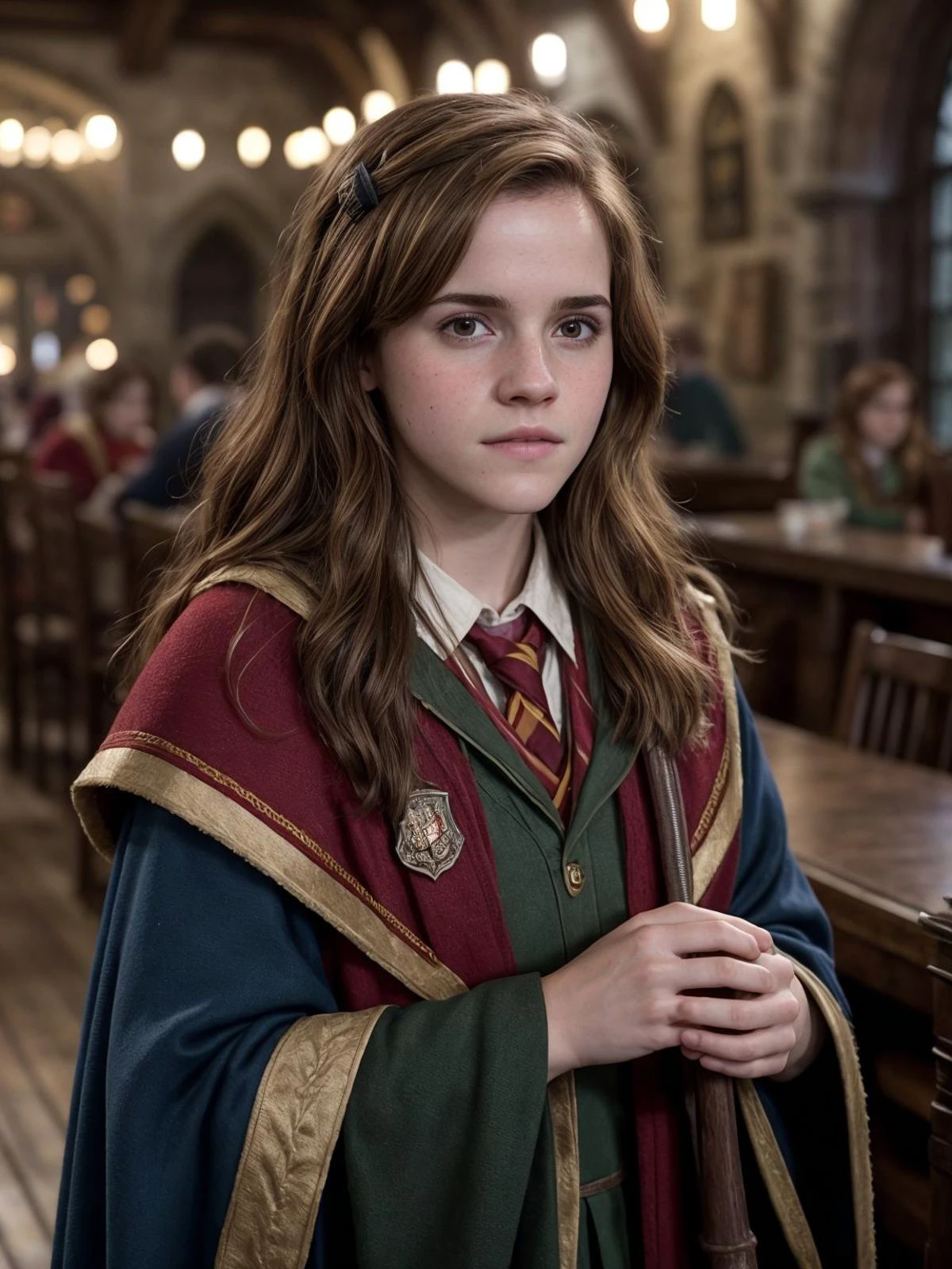 cinematic photo, harry potter scenery, gryffindor lounge at hogwarts, a realistic photo of a 20 years old actor hermine, Standing tall pose, unkempted hair, sexy gryffindor cape, (cinematic composition, metahuman creator, epic background), <lora:ip-adapter-faceid-plusv2_sd15_lora:0.5>, <lora:breastsizeslideroffset:0.2>, <lora:detail_slider_v4:2>, best quality, realistic, . 35mm photograph, film, bokeh, professional, 4k, highly detailed