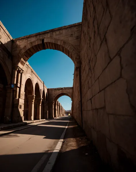 cinematic photo breathtaking cyberpunk aqueduct, POV Shot (means Point Of View angle photo) . award-winning, professional, highly detailed . 35mm photograph, film, bokeh, professional, 4k, highly detailed