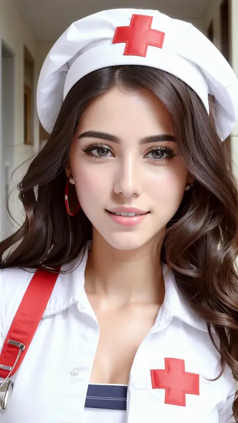 beautiful brunette nurse wearing white nursing cap with red cross logo, abs, (perfect anatomy, petite perky breasts), arm flexed, (absurdly long gradient red and yellow hair, hair blowing in the wind), dynamic angle, wearing blue gloves, staring intently,  detailed impossible wearing nurse costume, detailed skin, (skin moles:1.3), (skin pores:1.3), holding book, smile, at hospital corridor ward,  (intricate details:1.2),