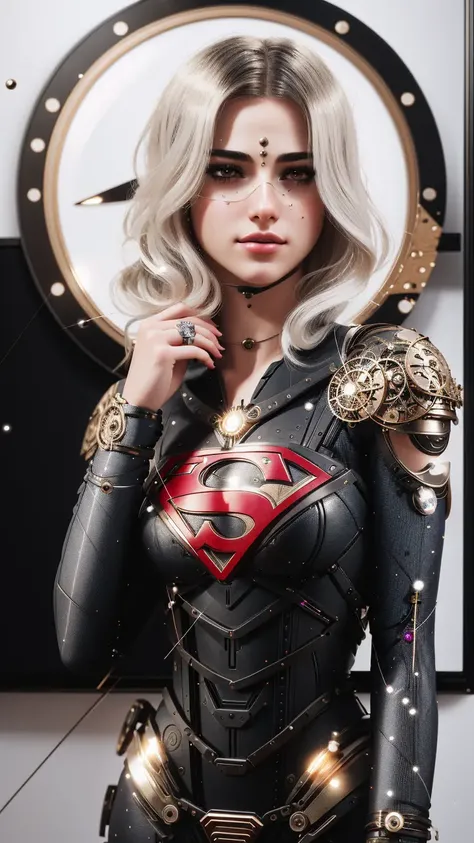 realistic, beautiful cyborg young female SuperGirl,  perfect studio lighting, professional photoshoot, eye contact, perfect face, masterpiece, high quality, intricate details, detailed background, sacred ornaments, by Dylan Kowalski, (1girl), upper body, muscular, skindentation, looking to the side, short hair, prosthesis, mechanical arms, synthetic skin, porcelain, pearl, holographic, titanium, diamond, ruby, sapphire, gemstones, clockwork, grunge, worn edges, armor,   <lora:ScifiProsthesisStyle_epoch000006:0.7>,
