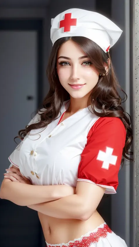 beautiful brunette nurse wearing white nursing cap with red cross logo, abs, (cute perfect face, bright green eyes), (perfect anatomy, petite perky breasts), arm flexed, (absurdly long gradient red and yellow hair, hair blowing in the wind), dynamic angle, wearing blue gloves, staring intently, detailed impossible wearing nurse costume, detailed skin, (skin moles:1.3), (skin pores:1.3), holding book, smile, detailed background at hospital corridor ward, (intricate details:1.2), , extremely detailed unity 8k wallpaper, intricate details, hires, absurdres, enhanced,