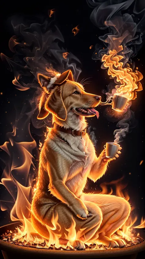 (anthropomorphic dog:1.3) holding a coffee cup, sitting, in a robe, eating breakfast and holding a coffee cup, hat, particles, volumetric lighting, livingroom burn down, ground and chair on fire, lots of gadgets and equipment, equipment is on fire, smoke, flames all around, <lora:on_fire10:0.4>