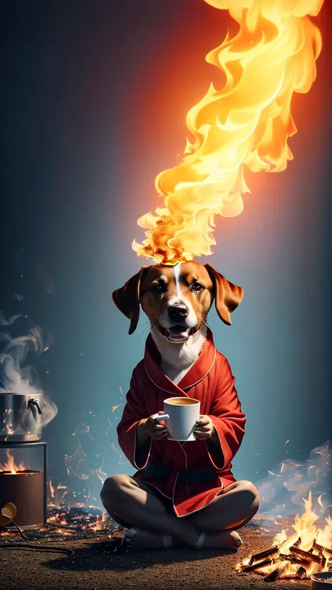 (anthropomorphic dog:1.2) holding a coffee cup, sitting, in a robe, eating breakfast and holding a coffee cup, hat, particles, volumetric lighting, livingroom burn down, ground and chair on fire, lots of gadgets and equipment, equipment is on fire, kaleidoscope, smoke, flames all around,