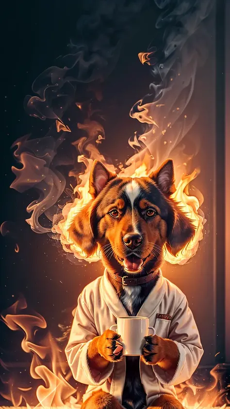 (anthropomorphic dog:1.3) holding a coffee cup, sitting, in a robe, eating breakfast and holding a coffee cup, hat, particles, volumetric lighting, livingroom burn down, ground and chair on fire, lots of gadgets and equipment, equipment is on fire, smoke, flames all around, <lora:on_fire10:0.4>