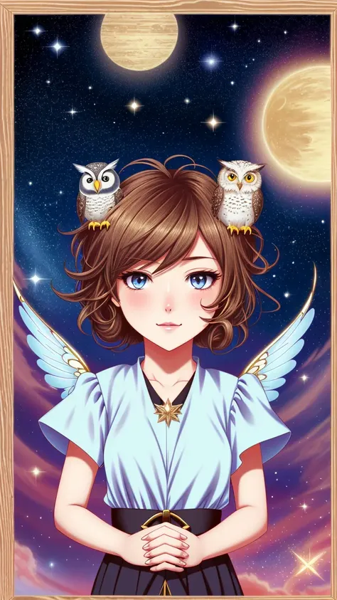 wizard with white eyes and hair and cute owl, under star light, many faries in cler glass
by Kouji