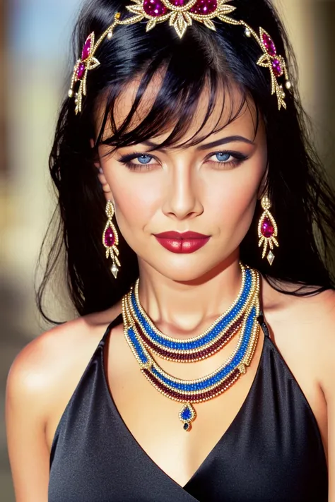 (best quality:1.3), (masterpiece:1.2), (realistic:1.2), (detailed:1.3), award winning photo of sexy TaniaRussofQuiron woman, blue eyes, black hair, smile, czech supermodel, medium breasts, abs, toned body, complex jelly silk dress, (wearing (jewelled headdress ( diamond, ruby, sapphire, gemstones) and necklace)), (long hair blowing in the wind), (good anatomy:1.2), midnight, moon, beautiful Gothic style street background, wide hips, windblown hair, swirly bokeh, sharp focus, vibrant, <lora:quiron_TaniaRussofQuiron_v4:1>