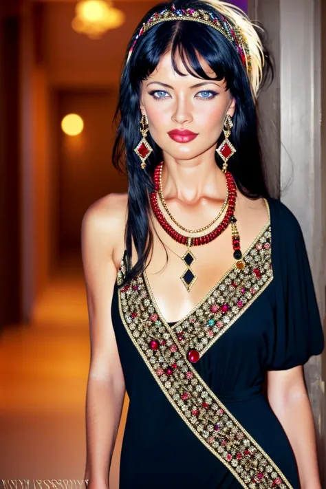 (best quality:1.3), (masterpiece:1.2), (realistic:1.2), (detailed:1.3), award winning photo of sexy TaniaRussofQuiron woman, blue eyes, black hair, smile, czech supermodel, medium breasts, abs, toned body, complex jelly silk dress, (wearing (jewelled headdress ( diamond, ruby, sapphire, gemstones) and necklace)), (long hair blowing in the wind), (good anatomy:1.2), midnight, moon, beautiful Gothic style street background, wide hips, windblown hair, swirly bokeh, sharp focus, vibrant, <lora:quiron_TaniaRussofQuiron_v4:1>