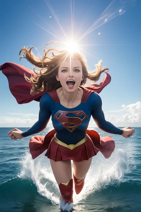 supergirl flying over the sea with wind effect in her hair on a sunny day , sun beam, White background, Yelling, flying