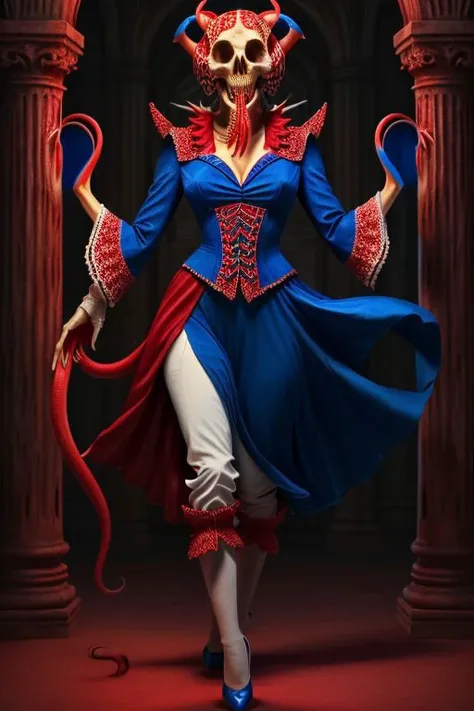 full body photo of a (((red white and blue))) monster woman with a  ((skull head with no jaw)) posing for the camera, U61yCre4ture <lora:kUglyCreaturesV2:0.5> (tentacles) (spikes) (red pigtails) jester  ((wearing an ornate red white and blue victorian outfit)) missing jaw (lovecraftian)   (very pale white skin)  (photorealistic lighting,dreamlike) <lora:fiendisho:1> clown nose (pale white skin) BREAK  at the carnival