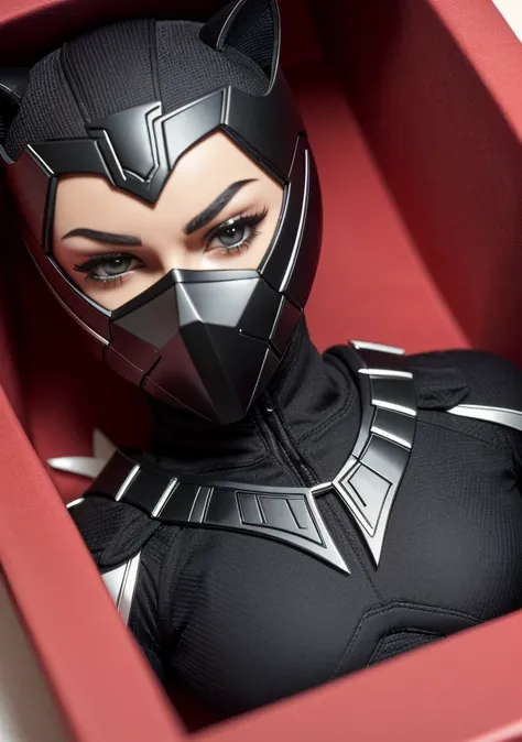 (best quality:1.15), (masterpiece:1.15), (detailed:1.15), (realistic:1.2),
premium playset toy box, (8k, ultra quality, masterpiece:1.5), (Dutch angle:1.3), ActionFigureQuiron style, solo, Black Panther (Marvel Comics): Black Panther's sleek black suit is made of a vibranium-infused material and features intricate silver detailing. The suit includes a full-body jumpsuit, clawed gloves, and a mask with cat-like ears. , (plastic toy playset pack), inside gift box,
<lora:quiron_ActionFigure_v1_Lora:0.15>