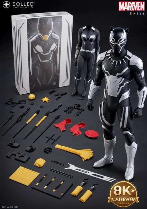 premium playset toy box, (8k, ultra quality, masterpiece:1.5), (Dutch angle:1.3), ActionFigureQuiron style, solo, Black Panther (Marvel Comics): Black Panther's sleek black suit is made of a vibranium-infused material and features intricate silver detailing. The suit includes a full-body jumpsuit, clawed gloves, and a mask with cat-like ears. , (plastic toy playset pack), inside gift box,
<lora:quiron_ActionFigure_v1_Lora:0.95>