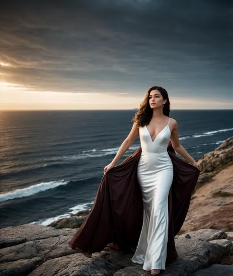 cinematic film still , Amidst a breathtaking natural landscape, our vixen stands atop a rocky cliff, overlooking a symphony of elements. Her flowing gown echoes the hues of the setting sun, while billowing clouds surround her like ethereal companions. Wind-blown leaves dance in the air, and gentle waves crash against the shore below, creating a harmonious convergence of nature's forces. . shallow depth of field, vignette, highly detailed, high budget Hollywood , bokeh, cinemascope, moody, epic, gorgeous, film grain, grainy