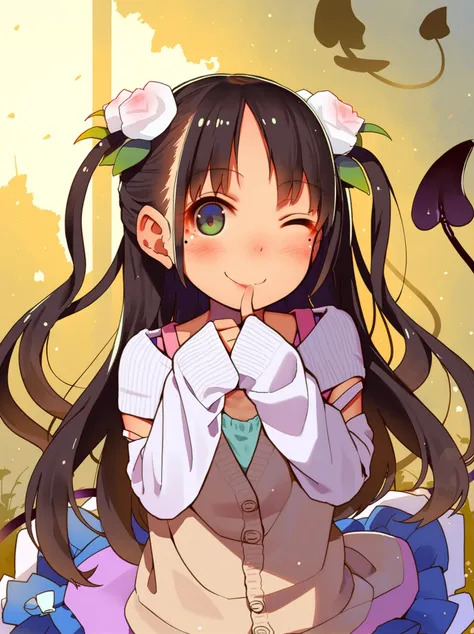score_9, source_anime, by muk \(monsieur\), best quality, masterpiece, uncensored
BREAK
1girl, :o, black hair, blush, demon girl, demon tail, female focus, flower, hair flower, hair ornament, long hair, looking at viewer, mole, mole under eye, one eye closed, prehensile tail, sleeves past wrists, solo, tail, two side up
<lora:muk_pony_v1:1>