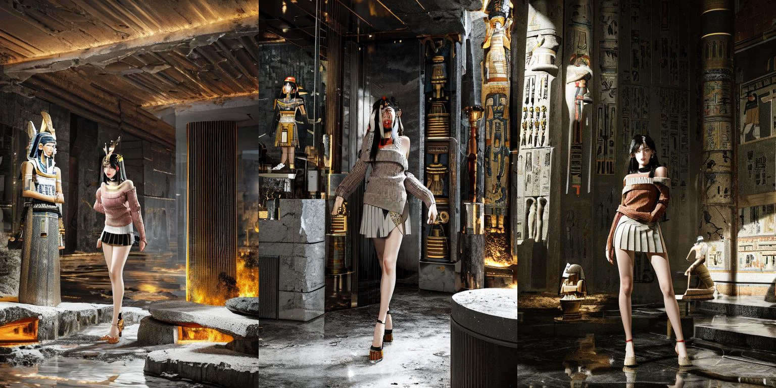 (otherworldly, otherworldly atmosphere, otherworldly appearance), highly insanely detailed, masterpiece, top quality, best quality, highres, 4k, 8k, RAW photo, 
((ancient egyptian theme:1.2)), Hong Kong structure, building, structure, taiwan, korean, 
swirling energy, 
tentacle, 
(underwater), 
reflection, reflective floor, 
abandoned building, overgrown with vegetation, [volumetric fog], cinematic lighting, colorful, colourful, 
(long_hair, long hair, random colors hair, glowing hair, hair over one eye, long messy hair), 
(eyelashes, eyeliner, eyeshadow, eyelashes, long eyelashes), 
collar, earrings, jewelry, necklace, armlet, 
high-heels, 
nsfw, 
cleavage, perfect female body, makeup, 
action pose, 
drunk, biting, 
dawn, 
thigh strap, metal collar, 
1girl, solo, 
sexy pose, <lora:Sasaki Moeka:0.8>, (sweater:1.4), pleated_skirt, (fantasy world)