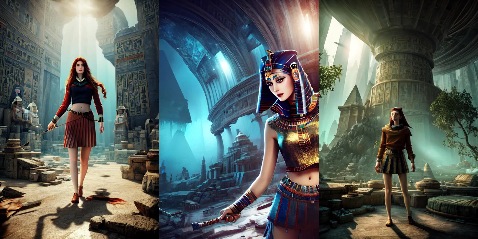 (otherworldly, otherworldly atmosphere, otherworldly appearance), highly insanely detailed, masterpiece, top quality, best quality, highres, 4k, 8k, RAW photo, 
((ancient egyptian theme:1.2)), Hong Kong structure, building, structure, taiwan, korean, 
swirling energy, 
tentacle, 
(underwater), 
reflection, reflective floor, 
abandoned building, overgrown with vegetation, [volumetric fog], cinematic lighting, colorful, colourful, 
(long_hair, long hair, random colors hair, glowing hair, hair over one eye, long messy hair), 
(eyelashes, eyeliner, eyeshadow, eyelashes, long eyelashes), 
collar, earrings, jewelry, necklace, armlet, 
high-heels, 
nsfw, 
cleavage, perfect female body, makeup, 
action pose, 
drunk, biting, 
dawn, 
thigh strap, metal collar, 
1girl, solo, 
sexy pose, <lora:Sasaki Moeka:0.8>, (sweater:1.4), pleated_skirt, (fantasy world)