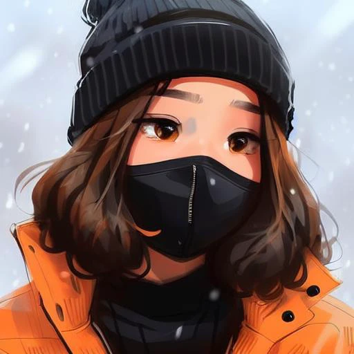 samdoesart, (winter storm), ((snowflakes)), north face orange jacket, black cargo jeans. black combat boots, (facemask), beanie, peace hand sign