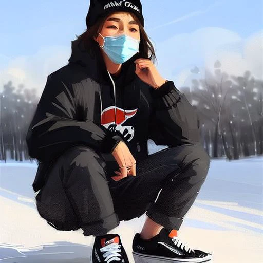 samdoesart, (winter storm), ((snowflakes)), canada goose jacket, (black  jeans), (vans sneakers), (facemask), beanie