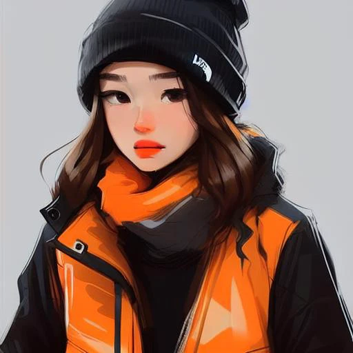 samdoesart, winter, snowing, north face orange jacket, black cargo jeans. black combat boots, scarf covering  mouth, beanie