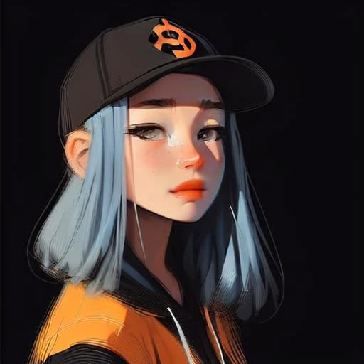 samdoesart,  blue hair, woman, freckles, baseball cap, orange hoodie, (((solid black backdrop))),  50mm portrait, (staring at the camera)