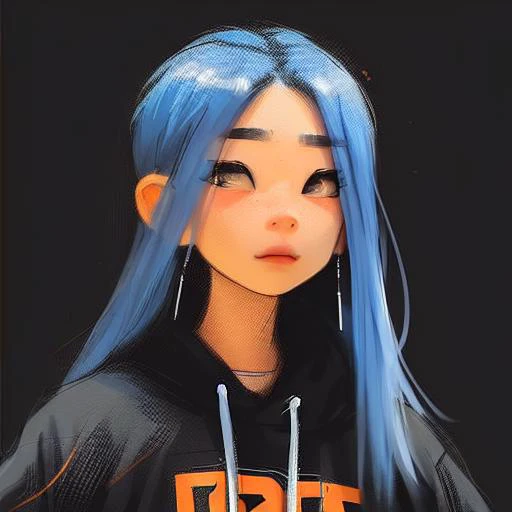 samdoesart, (asian),blue hair, woman, freckles, dad cap, orange hoodie, (((solid black backdrop))), 50mm portrait, ((staring at the camera)), shallow depth of field, highly detailed, masterpiece