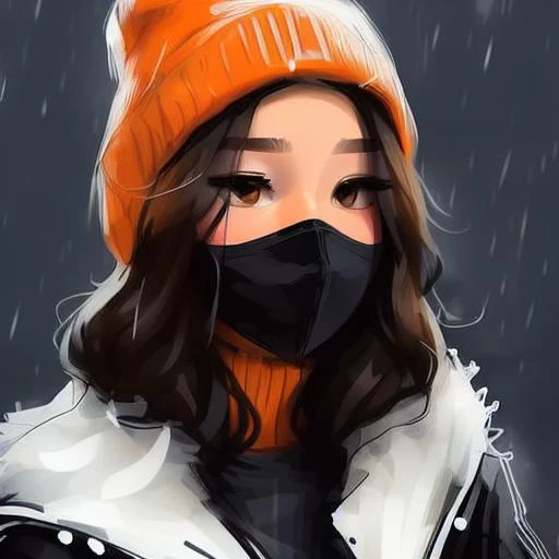 samdoesart, (winter storm), ((snowflakes)), north face orange jacket, black cargo jeans. black combat boots, (facemask), beanie