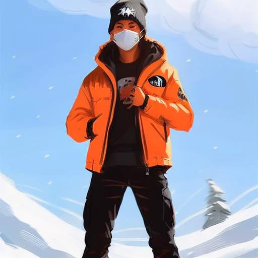 samdoesart, winter, (snowflakes), north face orange jacket, black cargo jeans. black combat boots, facemask, beanie