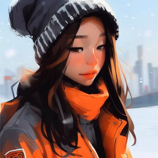 samdoesart, winter, snowing, north face orange jacket, black cargo jeans. black combat boots, scarf covering face, beanie