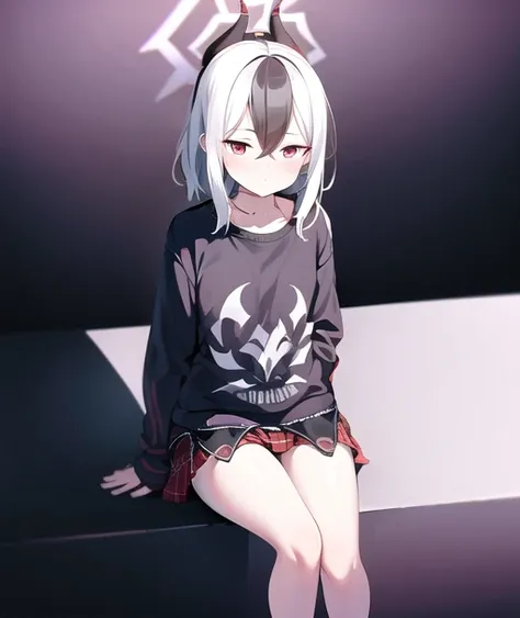 kayoko_blue_archive, 1girl, miniskirt, full body, sitting, blush, embarrassed, (simple background:0.8, plain background:0.8, white background:0.8), (masterpiece, best quality, very detailed, sharp focus:1.0) <lora:kayokoBlueArchive_v05:0.8>