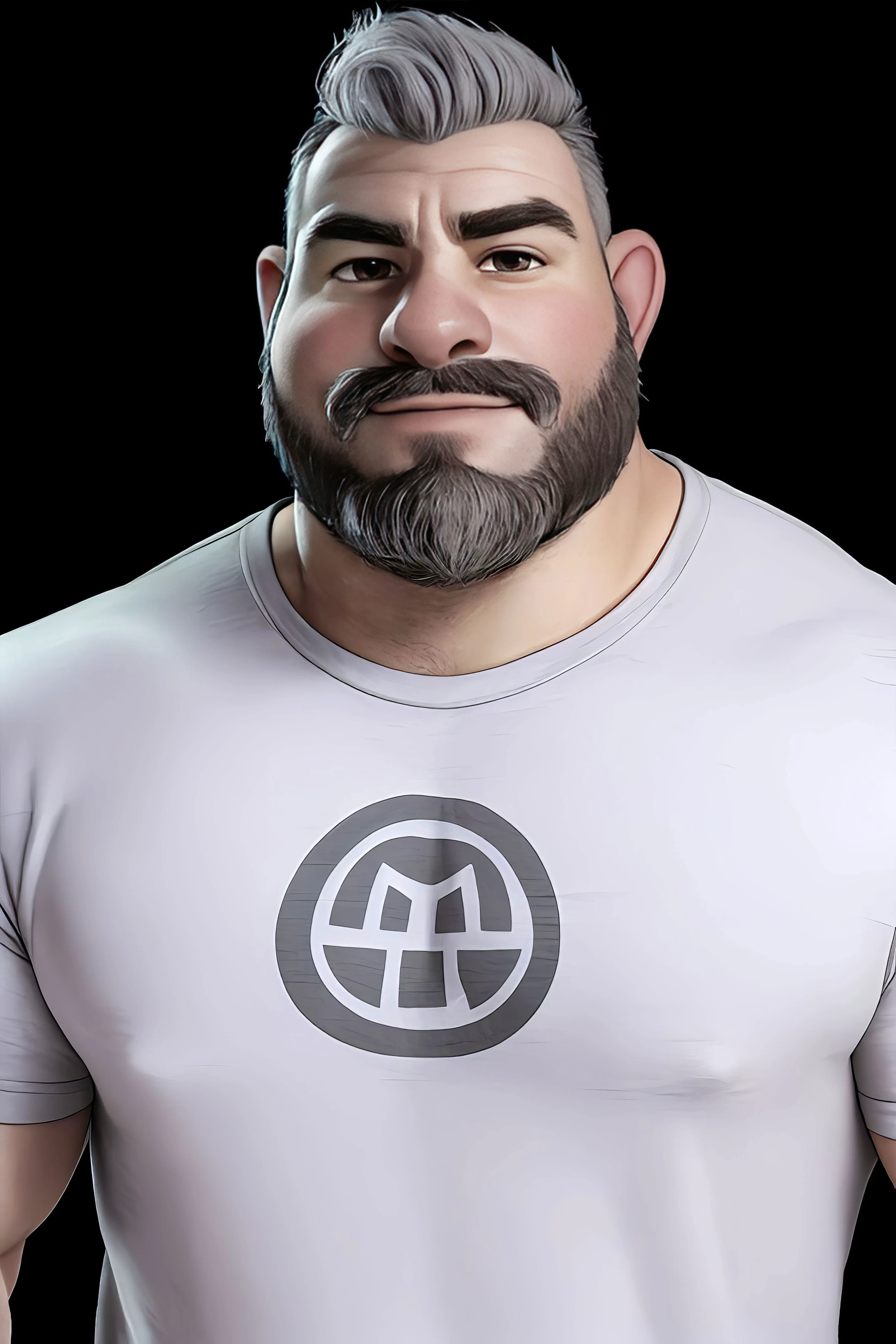 1boy, beard, black background, grey hair, looking at viewer, male focus, shirt, solo, upper body, Bears, musclebears, chubby men
