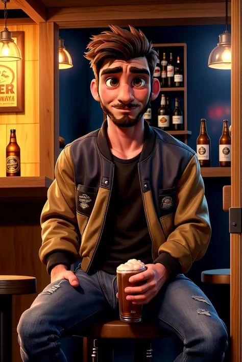 ((1man)), ****ung man, (adult, 25yo, slim, manly face), brown eyes, goatee, brown hair, bomber jacket, jeans, (erotic stare), sitting in stall, bar, grabbing beer, drunk, blush, volumetric lighting <lora:XenoDetailer:0.7><lora:XenoDetailer:0.7>