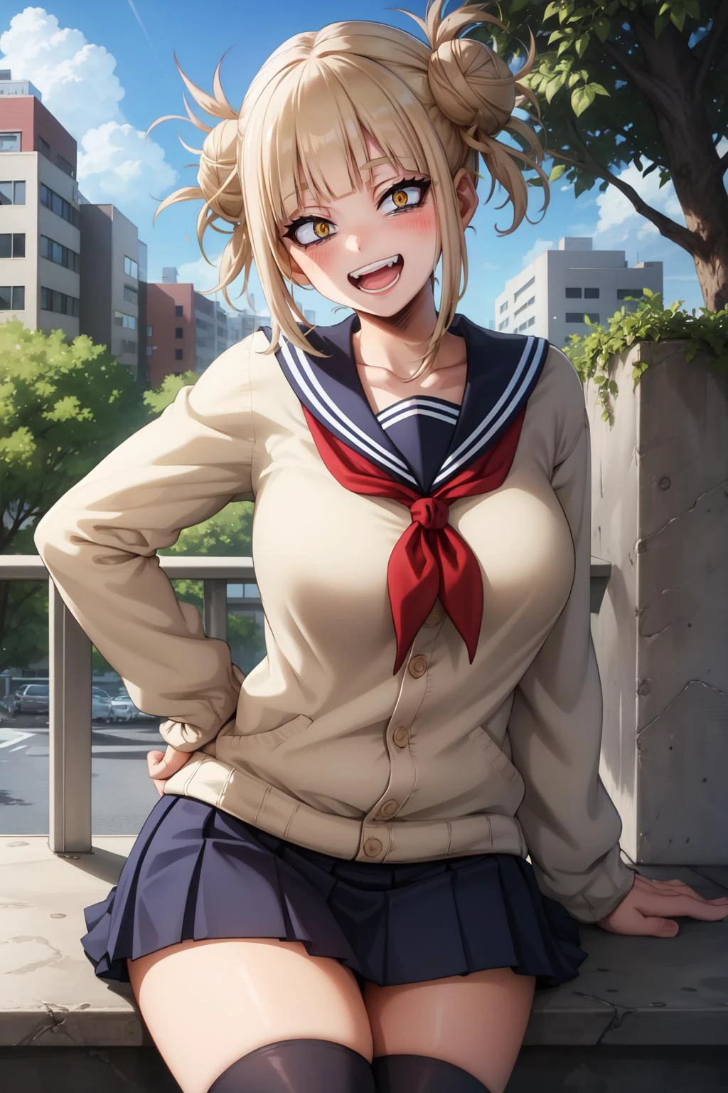 HimikoU1, 1girl, solo, bangs, blonde hair, yellow eyes, blunt bangs, hair bun, double bun, sidelocks, messy hair, looking at viewer, smile, blush, bags under eyes, teeth, school uniform, sailor collar, open mouth, serafuku, fangs, breasts, big breasts, cardigan, narrowed eyes, long sleeves, neckerchief, red neckerchief, cowboy shot, slit pupils, blue saillor collar, skirt, sharp teeths, :d, pleated skirt, collarbone, short hair, blue skirt, kneehighs, hands in hips, outdoors, day, buildings, city, clouds, balcony, trees, bushes, sitting, sitting in, girl sitting in, hourglass body, curvy,
<lora:HimikoU2:0.8>