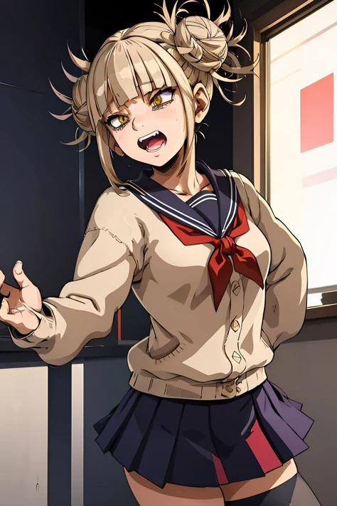 (masterpiece, best quality), 1girl, <lora:HimikoU2:1> HimikoU1, double bun, sidelocks, school uniform, sailor collar, red neckerchief, slit pupils, sharp teeths, pleated skirt, serafuku, cardigan, long sleeves, blue saillor collar, yellow eyes