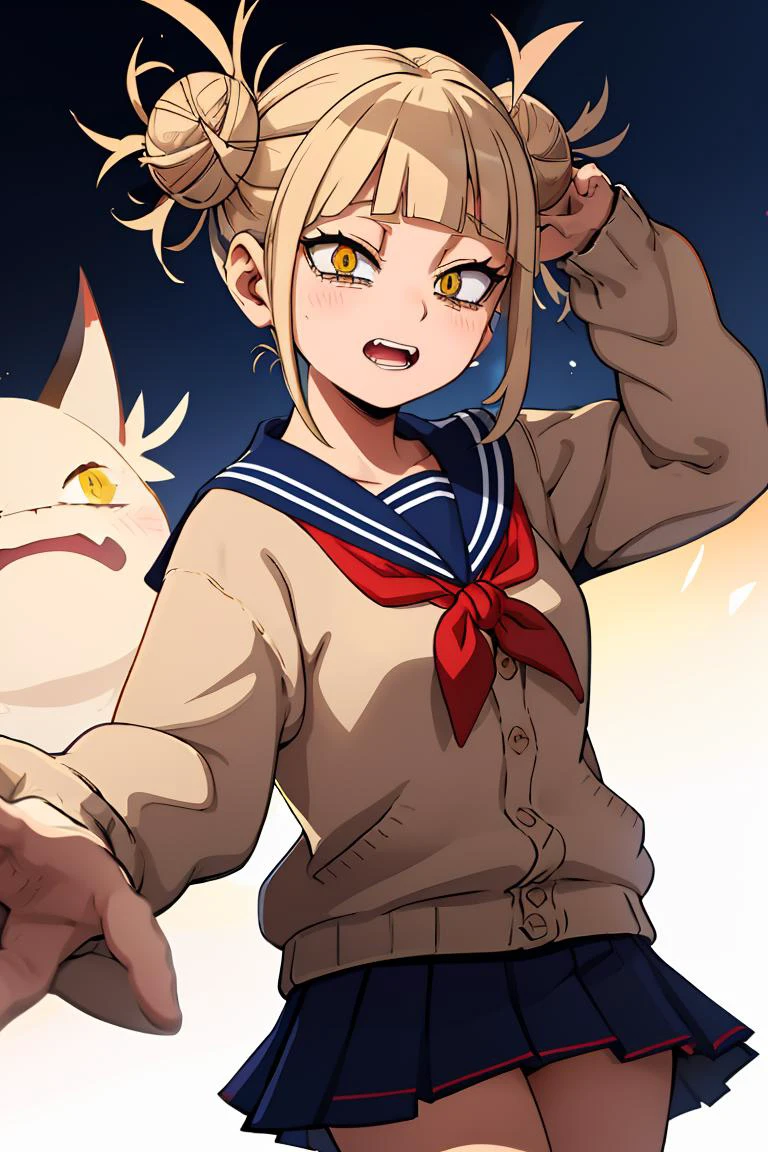 (masterpiece, best quality), 1girl, <lora:HimikoU2:1> HimikoU1, double bun, sidelocks, school uniform, sailor collar, red neckerchief, slit pupils, sharp teeths, pleated skirt, serafuku, cardigan, long sleeves, blue saillor collar, yellow eyes