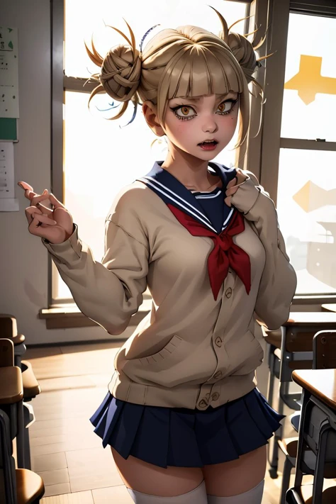 (masterpiece, best quality), 1girl, <lora:HimikoU2:1> HimikoU1, double bun, sidelocks, school uniform, sailor collar, red neckerchief, slit pupils, sharp teeths, pleated skirt, serafuku, cardigan, long sleeves, blue saillor collar, yellow eyes
