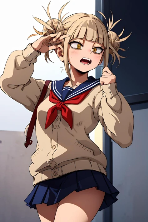 (masterpiece, best quality), 1girl, <lora:HimikoU2:1> HimikoU1, double bun, sidelocks, school uniform, sailor collar, red neckerchief, slit pupils, sharp teeths, pleated skirt, serafuku, cardigan, long sleeves, blue saillor collar, yellow eyes