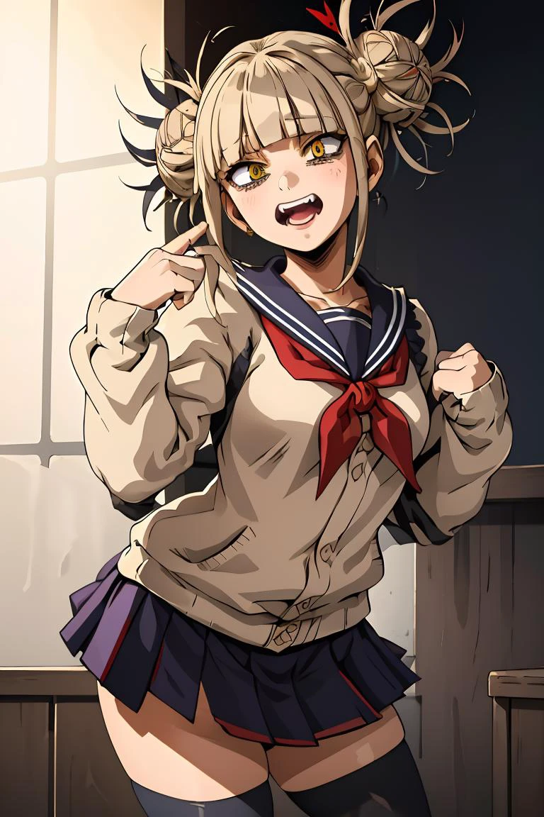 (masterpiece, best quality), 1girl, <lora:HimikoU2:1> HimikoU1, double bun, sidelocks, school uniform, sailor collar, red neckerchief, slit pupils, sharp teeths, pleated skirt, serafuku, cardigan, long sleeves, blue saillor collar, yellow eyes
