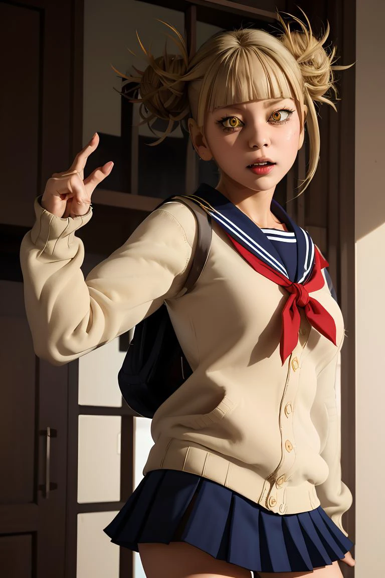 (masterpiece, best quality), 1girl, <lora:HimikoU2:1> HimikoU1, double bun, sidelocks, school uniform, sailor collar, red neckerchief, slit pupils, sharp teeths, pleated skirt, serafuku, cardigan, long sleeves, blue saillor collar, yellow eyes